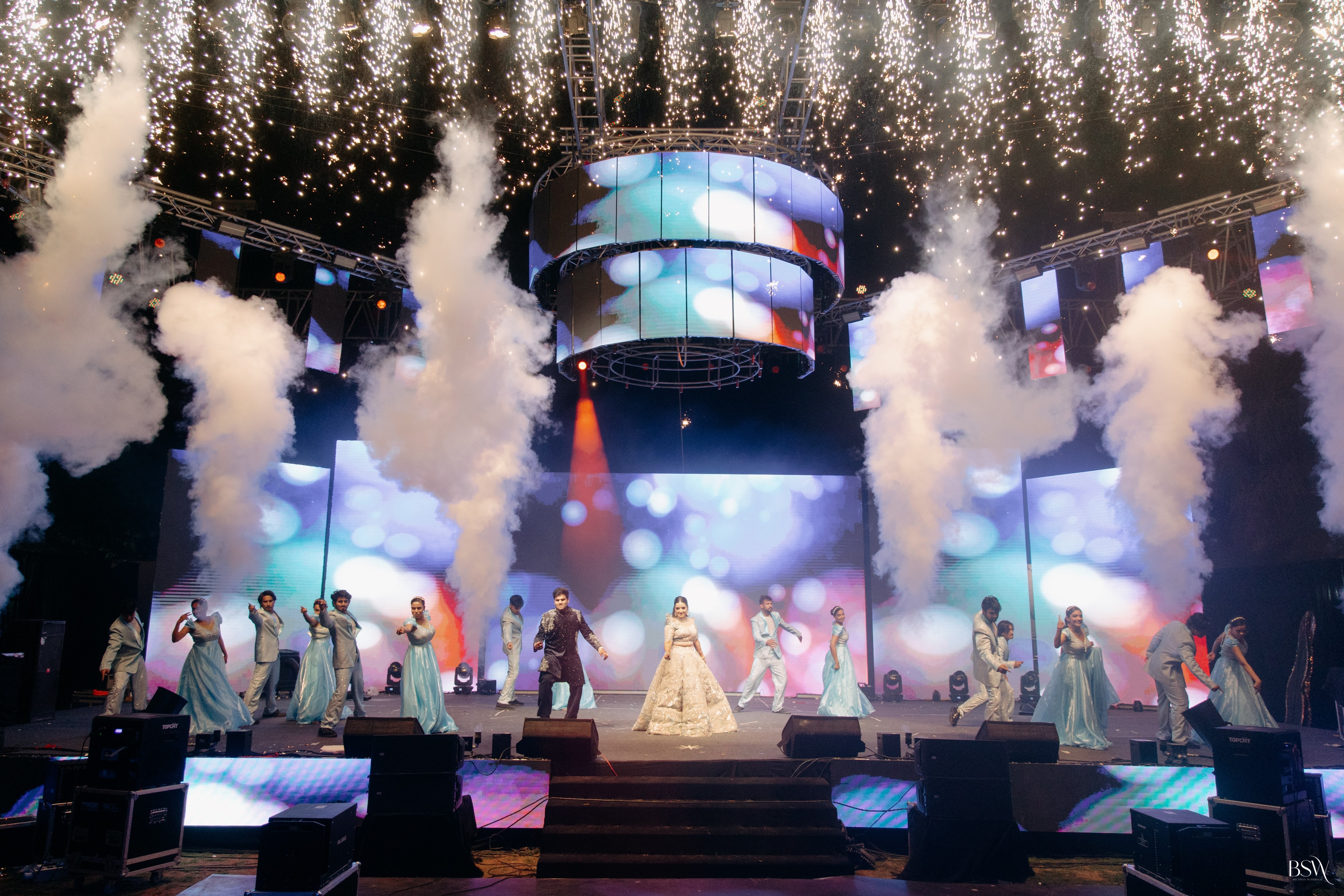 Spectacular sangeet finale with fireworks and smoke effects